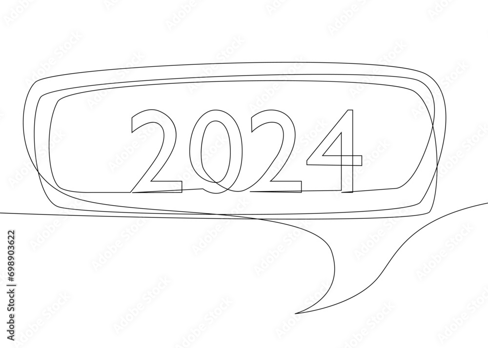 Poster one continuous line of speech bubble with 2024 number. thin line illustration vector concept. contou
