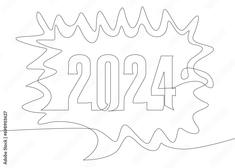 Poster one continuous line of speech bubble with 2024 number. thin line illustration vector concept. contou
