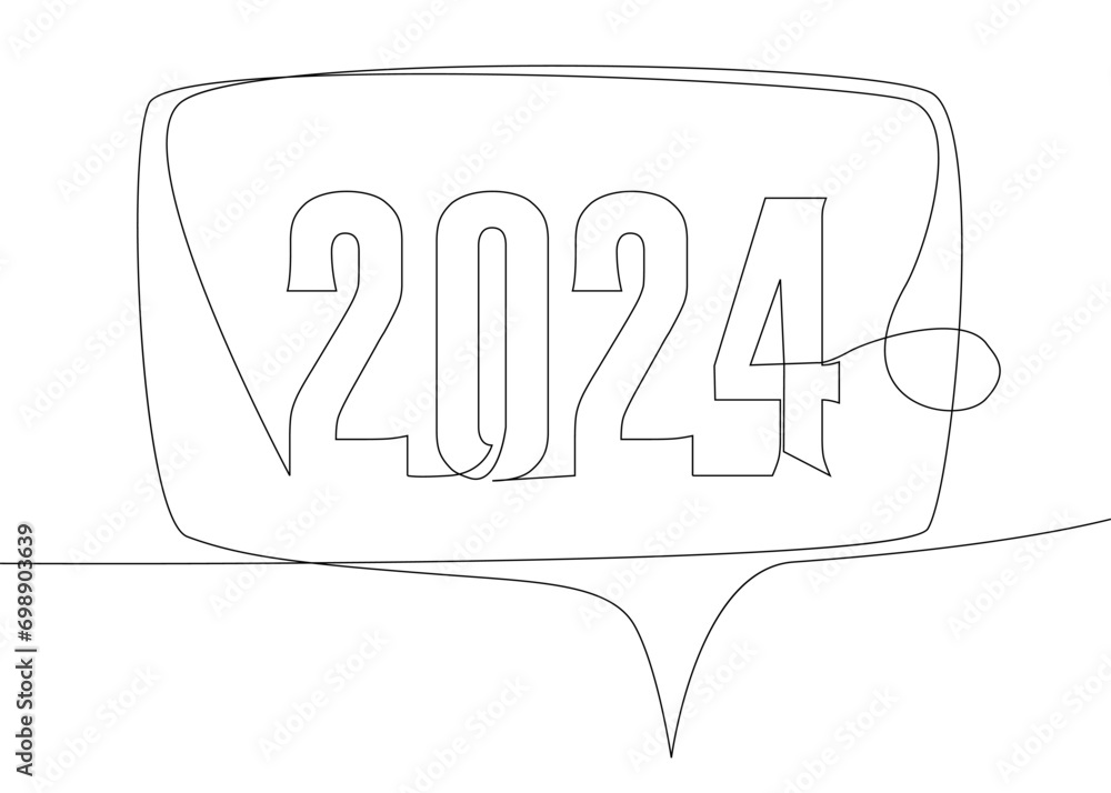 Aufkleber one continuous line of speech bubble with 2024 number. thin line illustration vector concept. contou