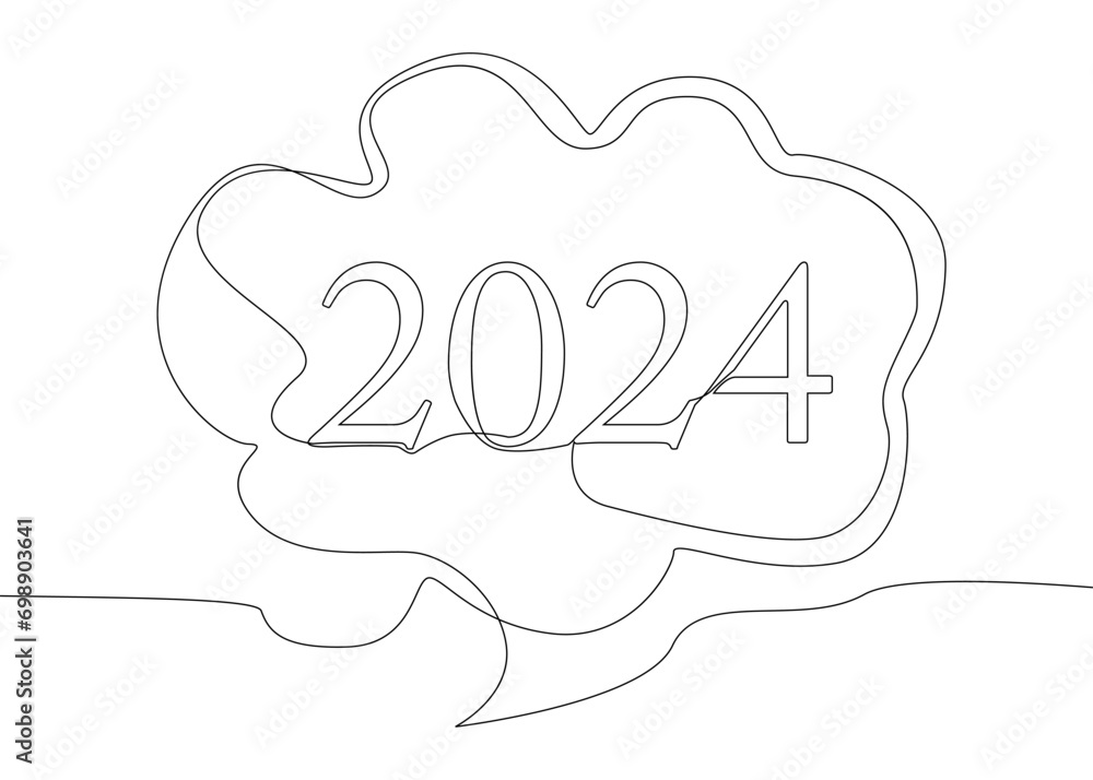 Poster one continuous line of speech bubble with 2024 number. thin line illustration vector concept. contou