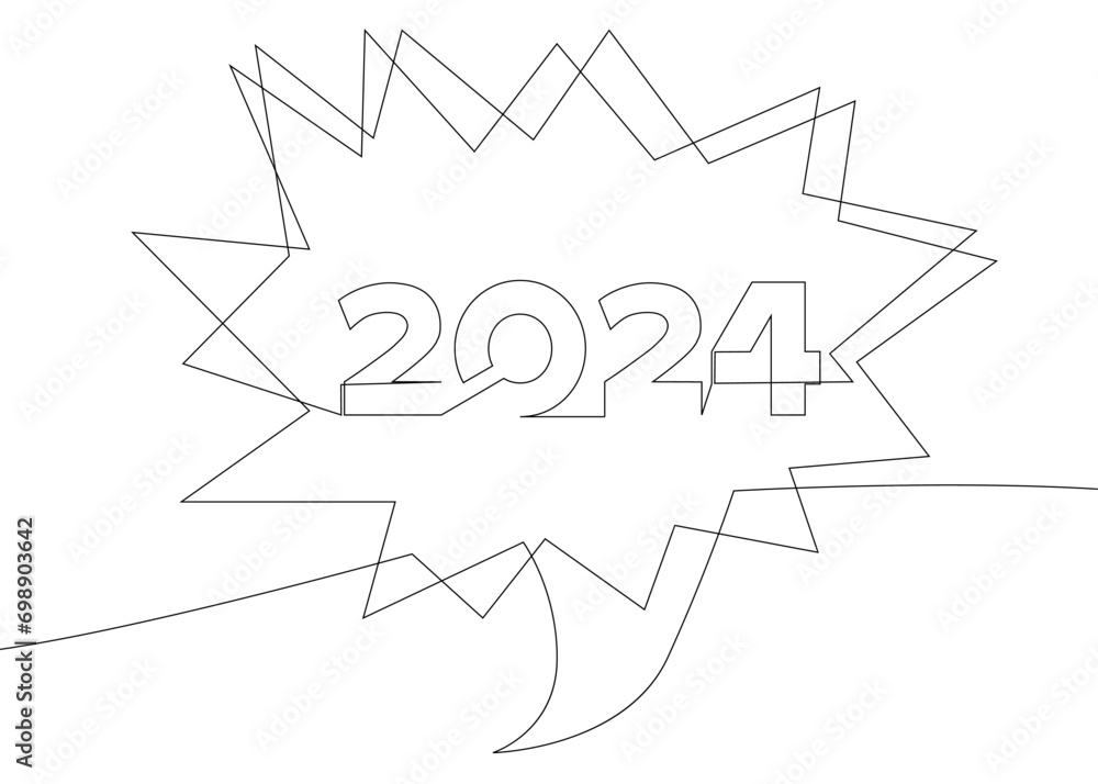 Poster one continuous line of speech bubble with 2024 number. thin line illustration vector concept. contou