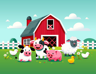 Obraz na płótnie Canvas farming farm illustration background with barn cow pig sheep duck organic farm fresh products countryside concept vector