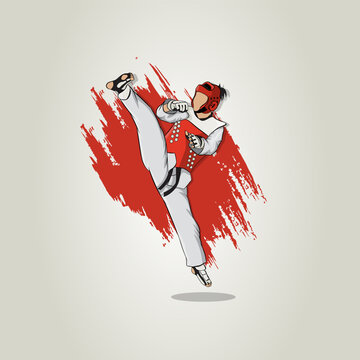 Fighter in the martial arts of taekwondo. Kimono, helmet, belt, combat gloves, body protectors. Vector illustration.