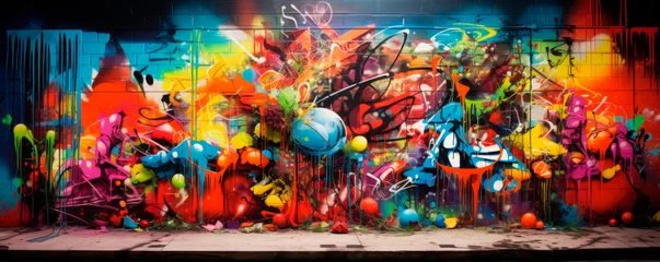 Foto op Aluminium Abstract geometric multicolored graffiti with text and unusual shapes on street wall The myriad of colors ranging from yellow to deep blue, pink, orange, dynamic swirls and splashes.Street art. banner © stateronz