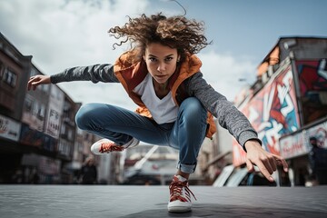 Dynamic urban dancer mid-air with graffiti background