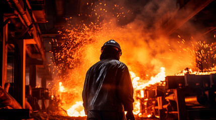 Steel foundry protective equipment and helmet surrounded by glow and sparks of molten metal during welding metalworking. The silhouette of worker against fiery background, heat and harsh conditions - obrazy, fototapety, plakaty