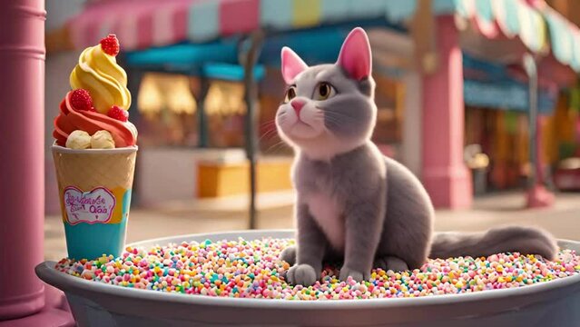 cat is sitting at an ice cream shop counter with a large bowl of vanilla ice cream topped with rainbow sprinkles in front of it. The cat's eyes are wide and shiny 