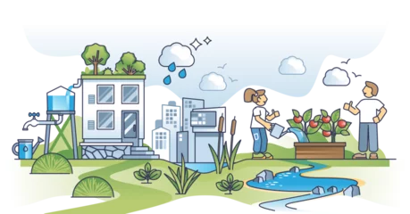 Deurstickers Water conservation in city with rainwater collection and reusage in garden outline concept, transparent background. Save drinking water in urban environment illustration. © VectorMine