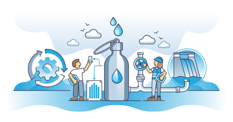 Water conservation and reuse management to save resources outline concept, transparent background. Waste awareness and effective drinkable water filtration with quality control illustration.