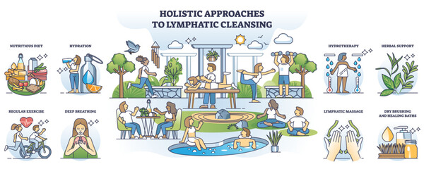 Holistic approaches to lymphatic cleansing and relaxation outline collection set, transparent background. Labeled scenes with healthy lifestyle for body detox and wellness support illustration. - obrazy, fototapety, plakaty