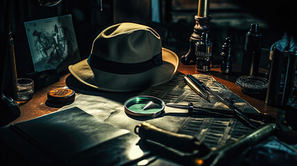 Sleuth's Arsenal: Detective Hat, Magnifying Glass, and Clue - obrazy, fototapety, plakaty