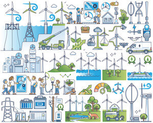 Wind energy as green, sustainable electricity production outline collection, transparent background. Elements set with eco infrastructure.