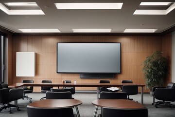 Meeting conference room with blank empty tv screen monitor. Made with Generative Ai