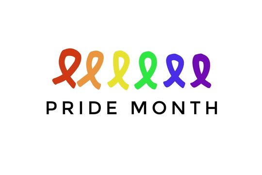 Pride Month. Rainbow colors ribbons. White background. Concept, symbol of LGBT community celebration around the world in June. Support human right. Greeting card.