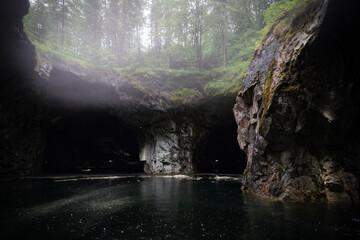 Abandoned marble quarry on a rainy day. Ruskeala, Republic of Karelia