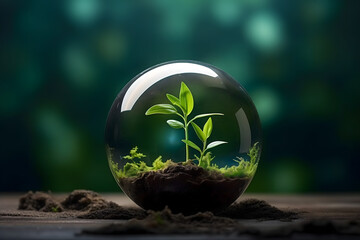 renewable energy light bulb with green energy, Earth Day or environment protection Hands protect forests that grow on the ground and help save the world, solar panels