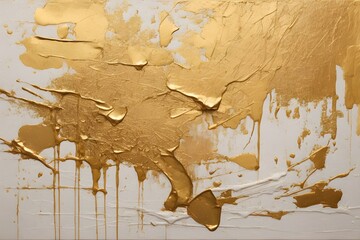 Closeup of abstract gold and white texture background. Visible oil, acrylic brushstroke, pallet knife paint on canvas. Contemporary art painting.	