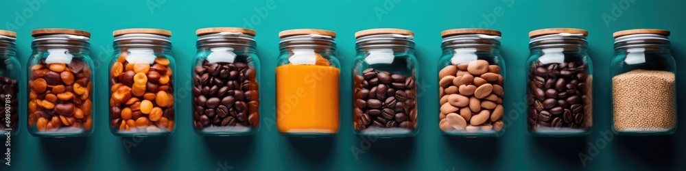 Poster a row of glass jars filled with different types of nuts. generative ai.