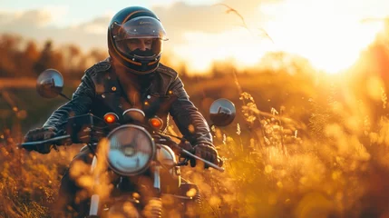 Zelfklevend Fotobehang A man wearing a helmet and riding a motorcycle © sirisakboakaew