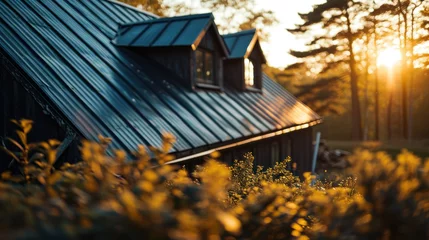 Fotobehang Black corrugated metal roof installed in a semi modern house. © sirisakboakaew