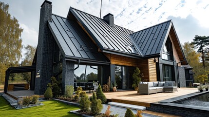 Black corrugated metal roof installed in a semi modern house.