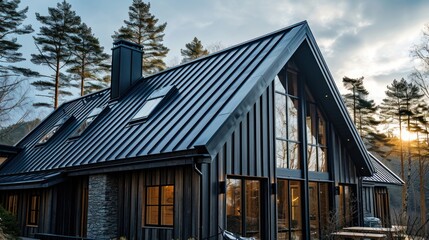 Obraz premium Black corrugated metal roof installed in a semi modern house.