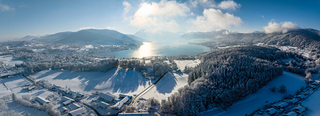 Tegernsee Lake Bavaria. Beautiful winter panorama. Karwendel Alps