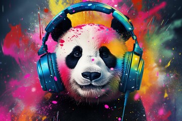 adorable panda bear wearing stylish headphones