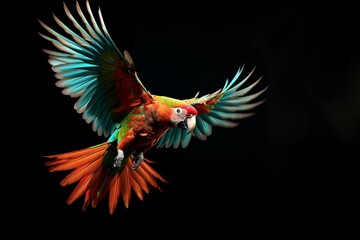 Beautiful colorful parrot flying on black 