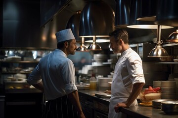 Fototapeta na wymiar Chefs talking while preparing food in restaurant 