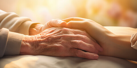 Compassionate Elderly and Young Hands in Palliative Care - obrazy, fototapety, plakaty