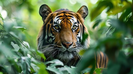 Fototapeta premium a dangerous, close-up, tiger-striped wild animal in the tropical forest.