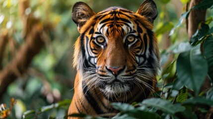 a dangerous, close-up, tiger-striped wild animal in the tropical forest.