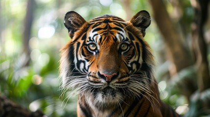 a dangerous, close-up, tiger-striped wild animal in the tropical forest.