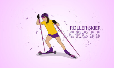 Girl is a roller skier on a light pink background. Vector illustration.