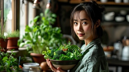 Asian attractive woman hold salad bowl and look at camera.
