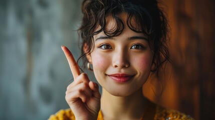 Asian beautiful young woman pointing up one hand with finger on upper side with smile face. - obrazy, fototapety, plakaty