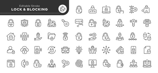 Locking lock, bloking line icon set. Padlock and shield. Protection, safety and security. Outline vector icon in linear style. Conceptual pictogram collection