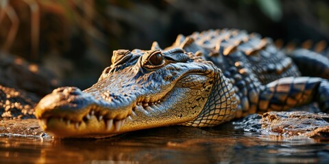 Obraz premium Siamese Crocodile lounges near pond, attentively observing.