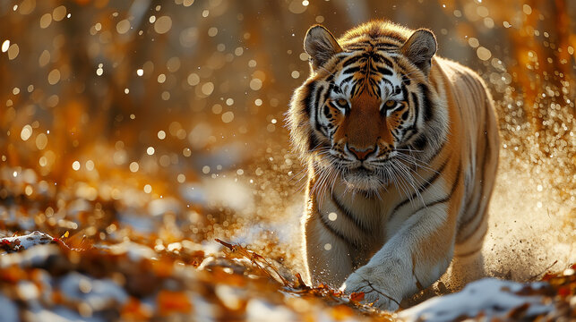 Tiger in the nature habitat. Tiger running out during the golden light and blurred background. Dry area with beautiful indian tiger, Panthera tigris, white tiger,