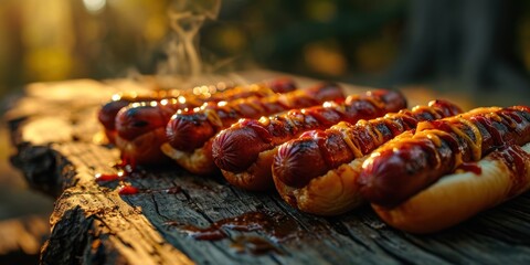 Tasty grilled hot dogs on a worn picnic table. - obrazy, fototapety, plakaty