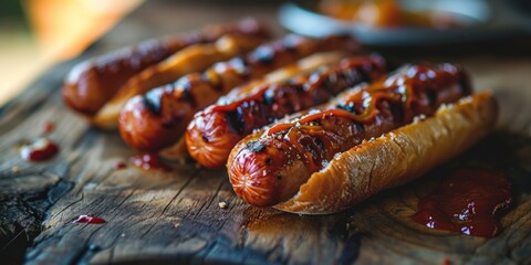 Tasty grilled hot dogs on a worn picnic table.