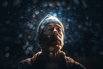 A meditator with a shining face dissolving in space. Generative AI