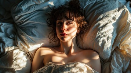 Naklejka premium The woman woke up surrounded by pillows and blankets. Depression.