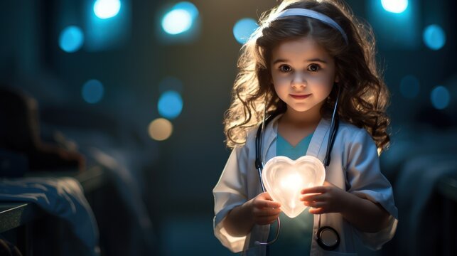 One day patients will come to me. a little girl playing dress up as a doctor, flat lighting