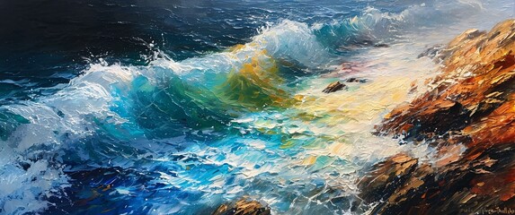 A painting of a wave crashing on rocks - obrazy, fototapety, plakaty