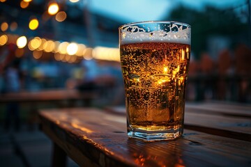 A glass of beer on a wooden table