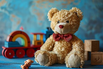 A brown teddy bear sitting on a blue surface.
