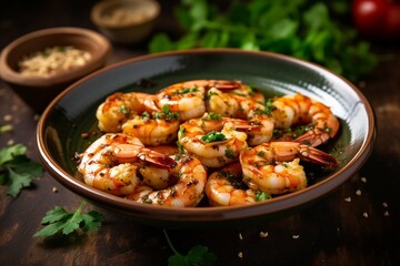 grilled shrimps with garlic and parsley on ceramic 