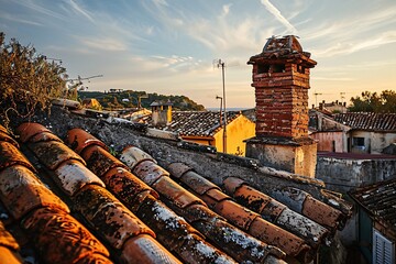 A brick chimney on a roof with a view of the ocean
